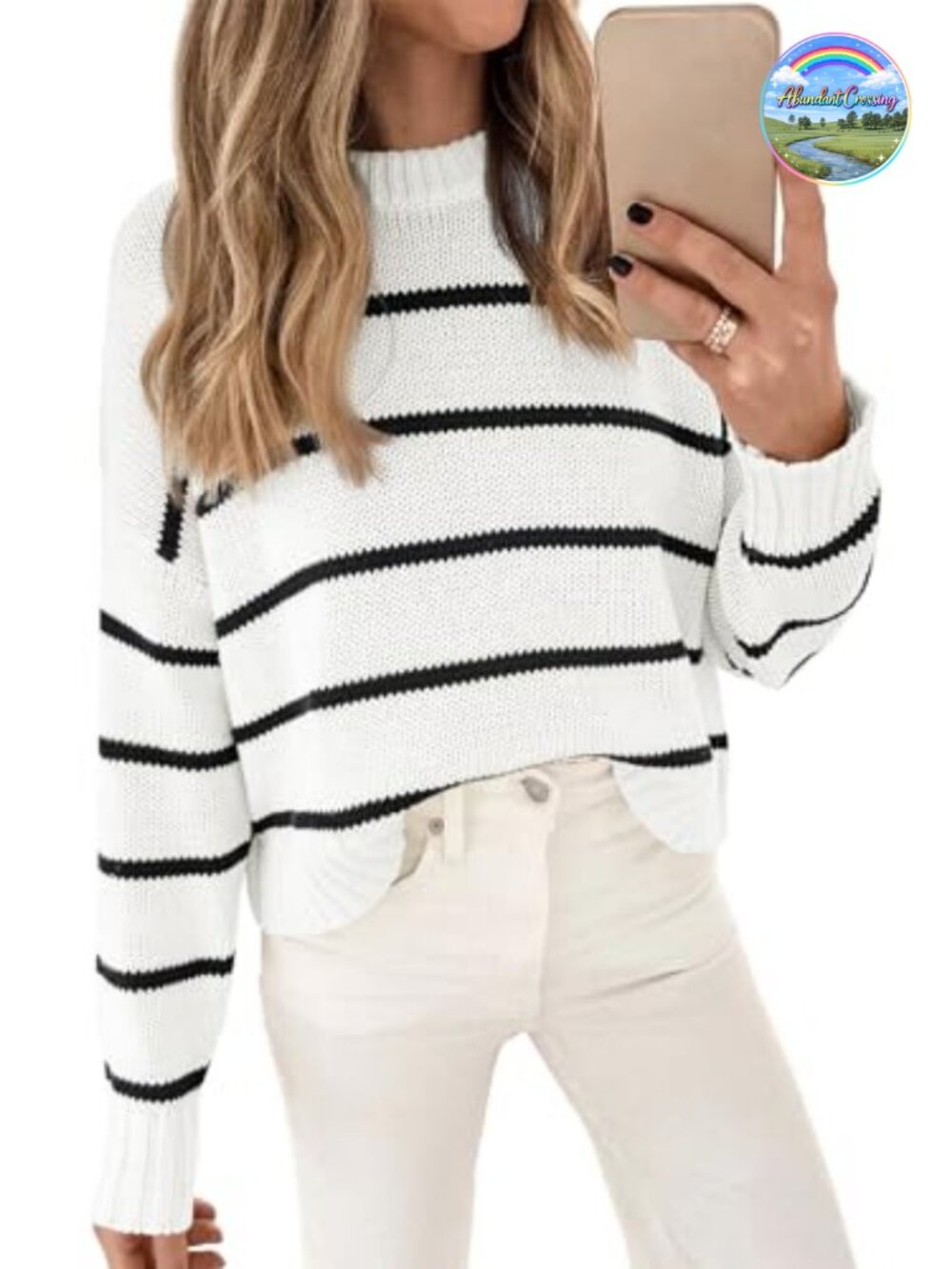 Striped Cotton Pullover Sweater with Crew Neck Long Sleeve Knit Top Women's